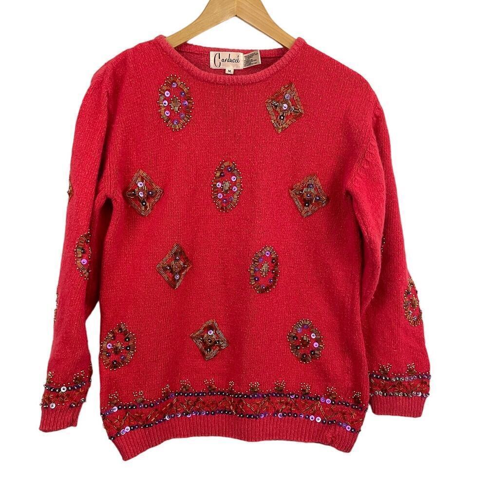 VTG Carducci Silk‎ Angora Sequin Pullover Sweater MEDIUM 1980's Beaded Pink